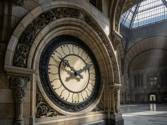 Detail of ornate stone archwork and iron clock inside Antwerp Central Station hall