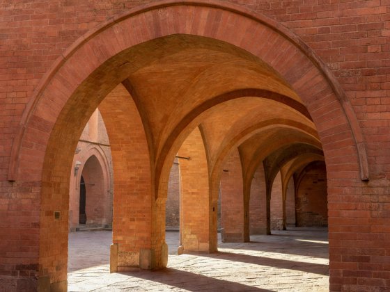 Close-up of terracotta-coloured medieval arches forming a sunlit covered portico in Bologna