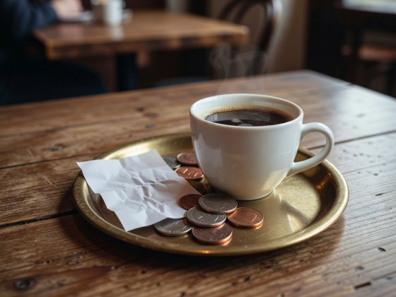 Close-up of small brass tray on a wooden café table with coffee cup, coins, and a paper receipt