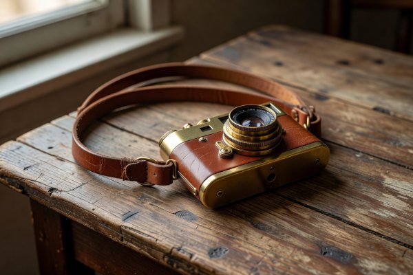 Close-up of a compact brass-edged camera with leather neck strap on a weathered wooden table