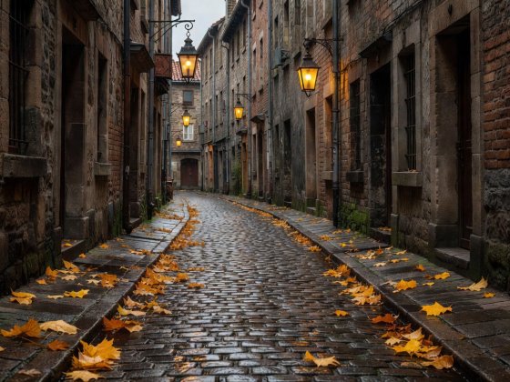Narrow historic alley paved with cobblestones, wet from rain with fallen golden leaves and old iron lanterns