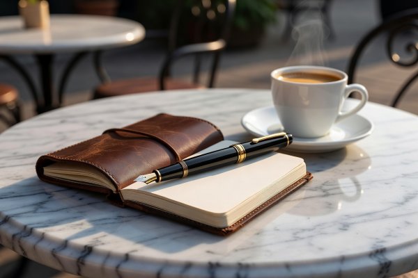 Close-up of a fountain pen, small leather notebook, and espresso cup on an outdoor marble café table