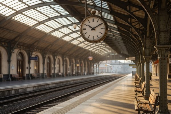 Vintage railway clock hanging above an empty European platform in warm golden morning light