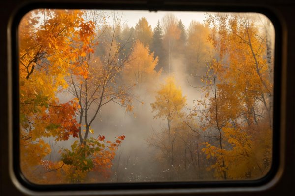 View through a train carriage window showing golden autumn trees shrouded in soft morning mist