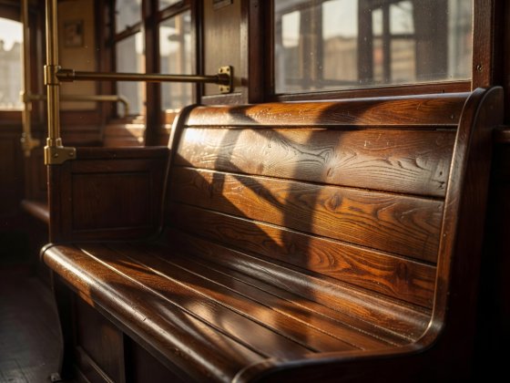 Close-up of polished wooden tram bench with morning sunlight casting warm amber shadows