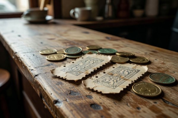 A pair of stamped paper tram tickets and brass coins resting on a rustic café wooden counter