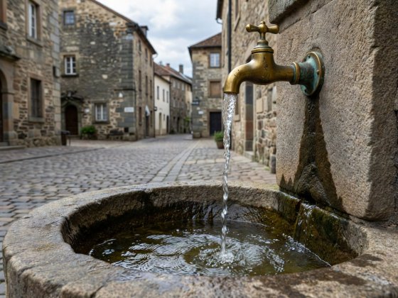 Close-up of clean mountain drinking water flowing from an old brass spigot into a stone basin in a historic town